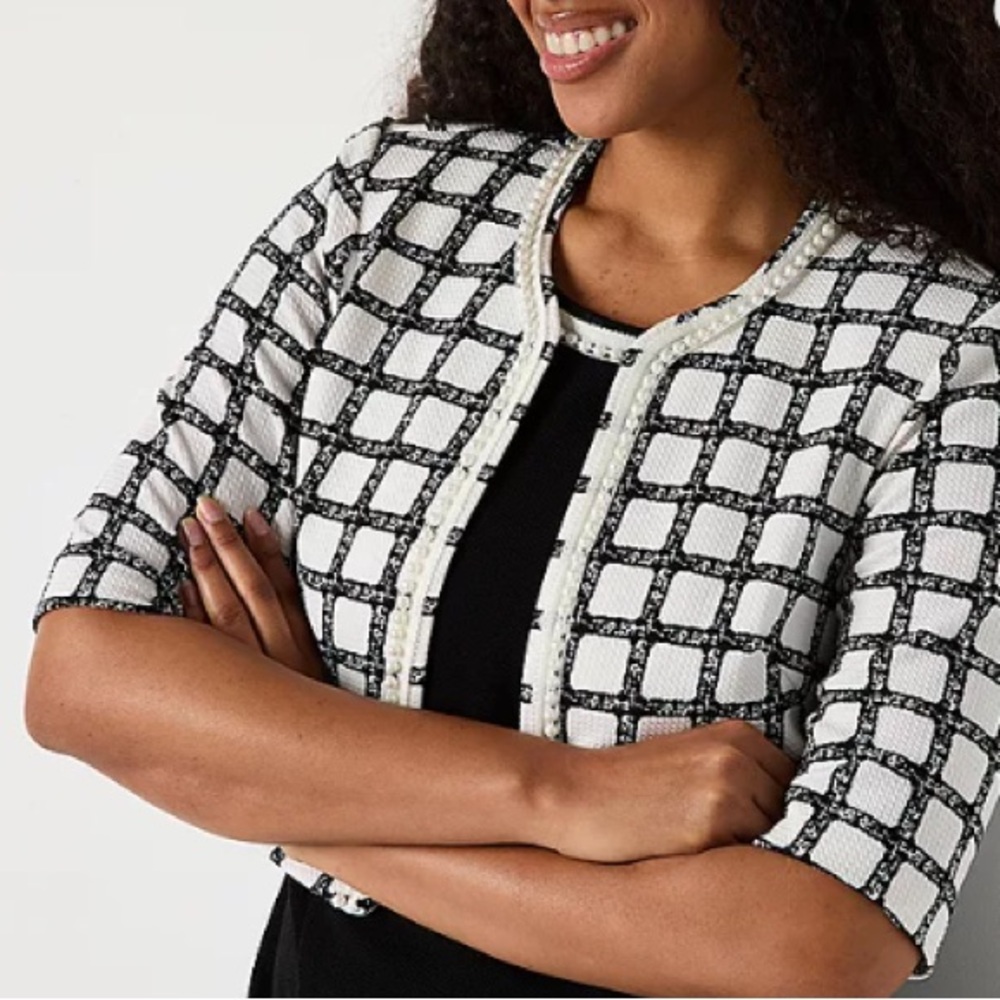 Maya Brooke Sz‎ 18 Chic Black and White Checkered Jacket Pearl Detail